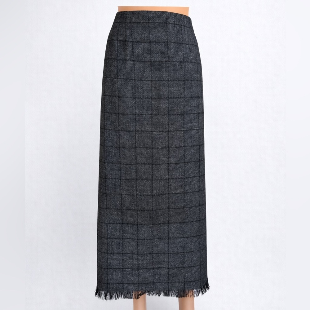Harve Benard 100% Wool Windowpane Midi Pencil Skirt Fringe Hem Size 14